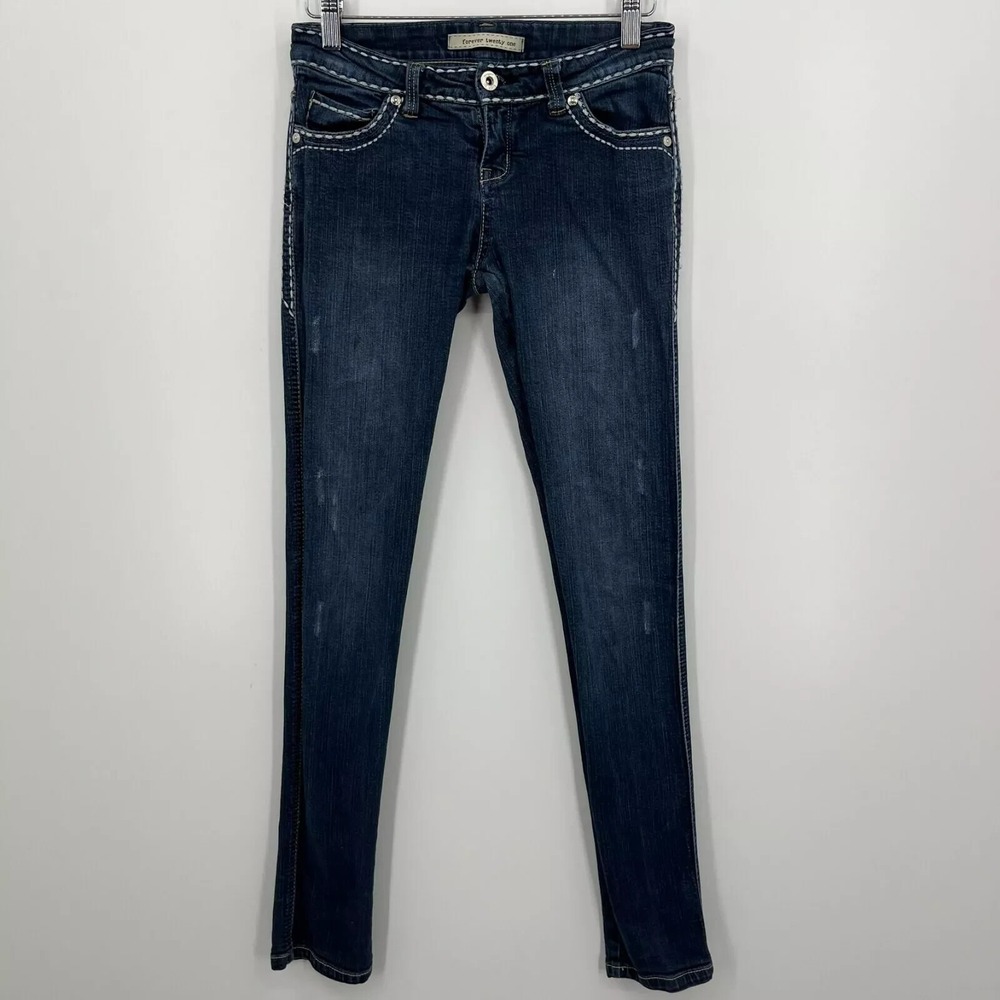 Forever 21 Jeans Women's Juniors 3 Blue Thick Stitch Low Rise Skinny Dark Wash